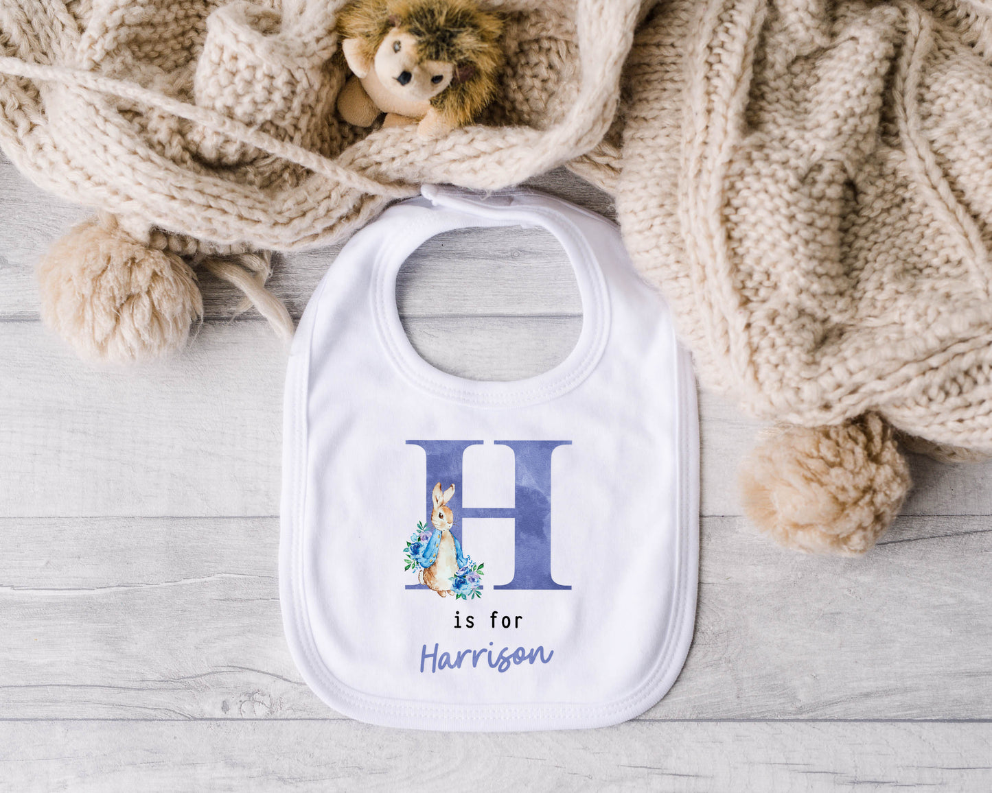 Personalised Baby Outfit with Rabbit & Initial – Pink or Blue Sleepsuit, Vest or Babygrow – New Baby Gift