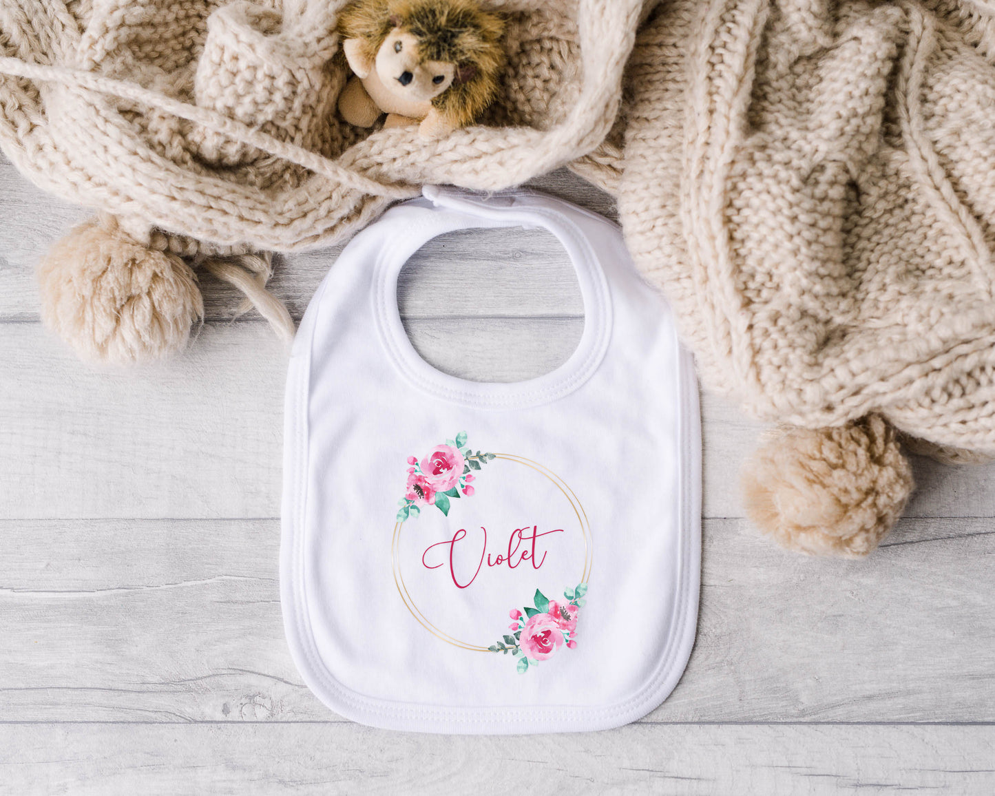 Personalised Baby Outfit – Pink or Blue Floral Rose Wreath Design – Babygrow, Sleepsuit, Vest or Bib – New Baby or Coming Home Gift