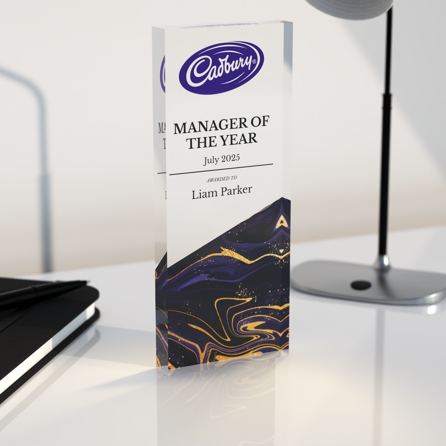 Personalised Corporate Trophy – Custom Engraved Clear Acrylic Award with Marble Base