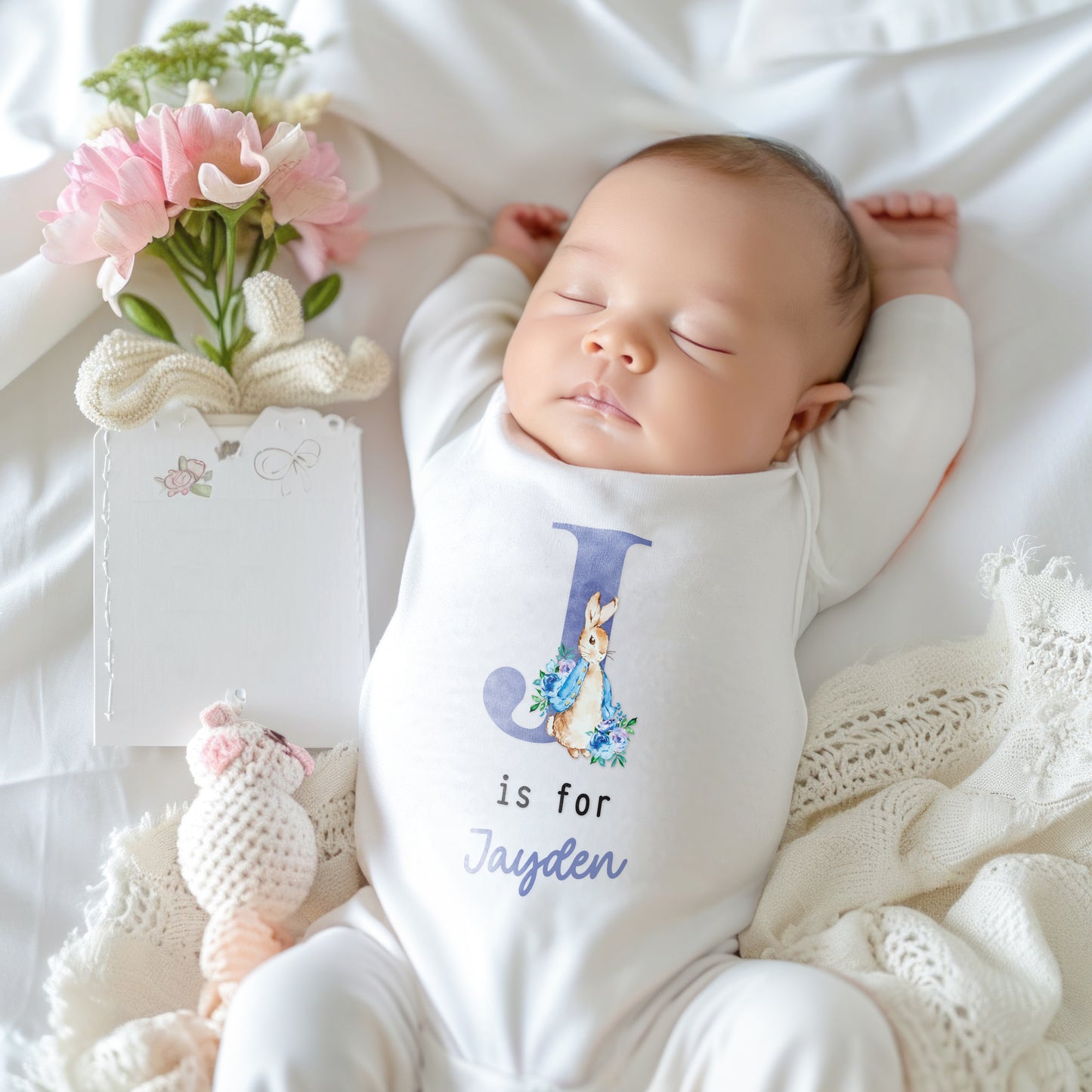 Personalised Baby Outfit with Rabbit & Initial – Pink or Blue Sleepsuit, Vest or Babygrow – New Baby Gift