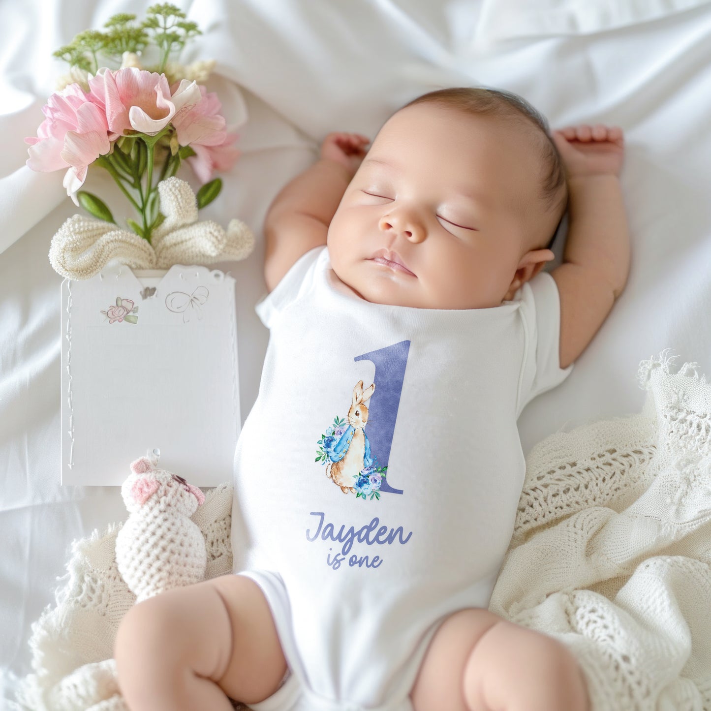 Personalised First Birthday Baby Vest / Bodysuit – Custom Name 1st Birthday Outfit with Rabbit Design