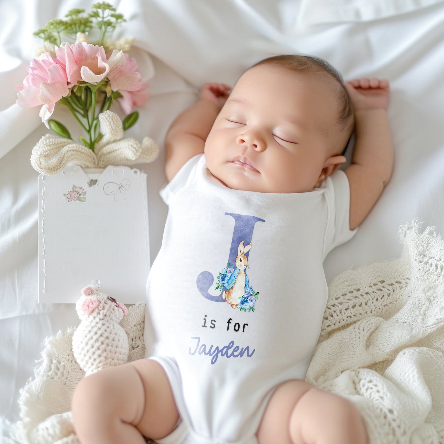 Personalised Baby Outfit with Rabbit & Initial – Pink or Blue Sleepsuit, Vest or Babygrow – New Baby Gift