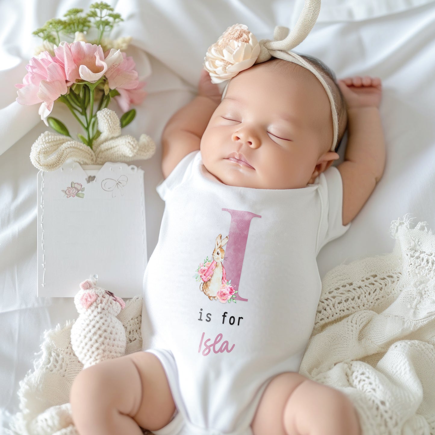 Personalised Baby Outfit with Rabbit & Initial – Pink or Blue Sleepsuit, Vest or Babygrow – New Baby Gift