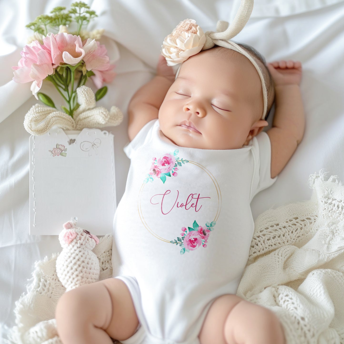 Personalised Baby Outfit – Pink or Blue Floral Rose Wreath Design – Babygrow, Sleepsuit, Vest or Bib – New Baby or Coming Home Gift
