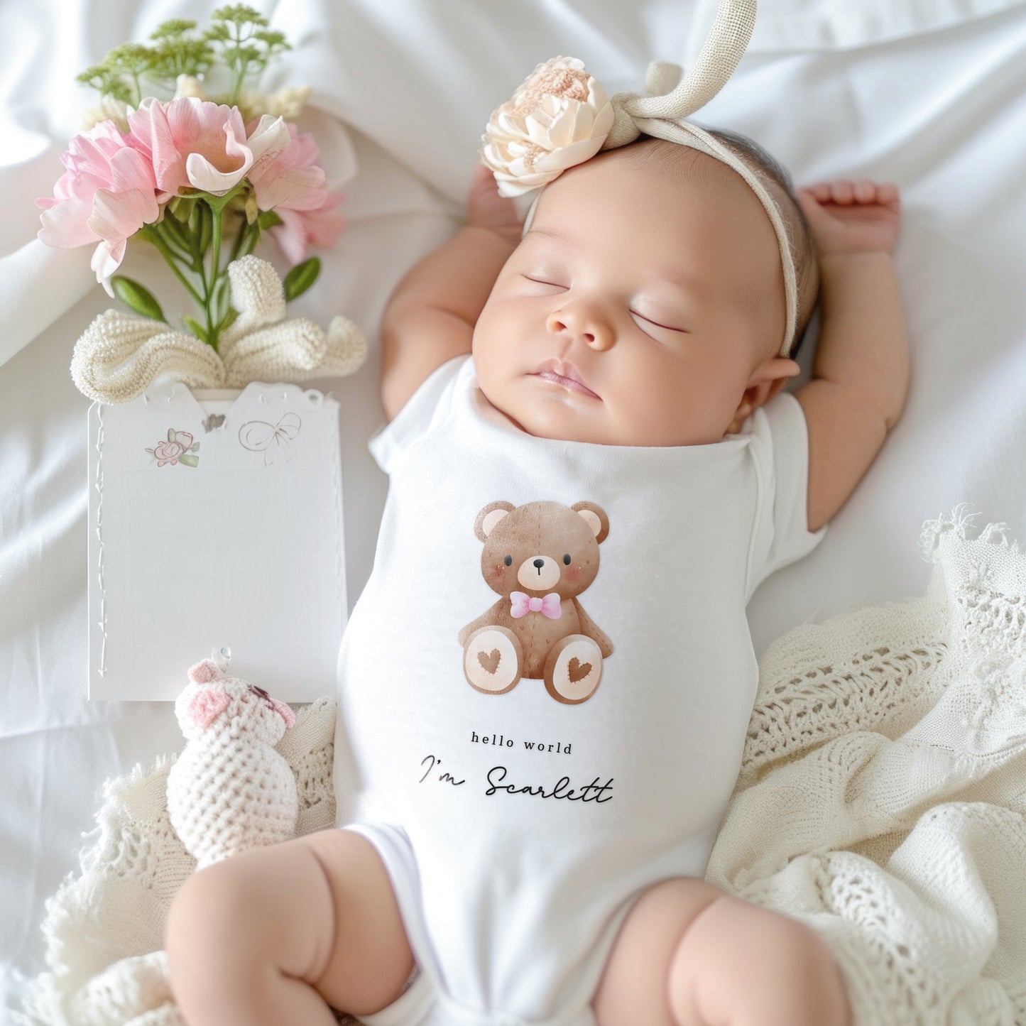 Personalised Pink or Blue Teddy Bear Baby Outfit – Babygrow, Vest or Bib | New Baby Gift & New Arrival Clothing