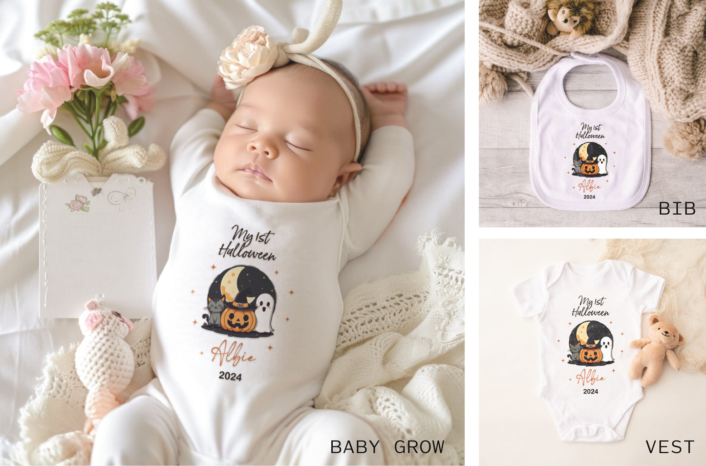 Baby’s First Halloween Outfit – Personalised Sleepsuit, Vest or Bib | 1st Halloween Gift Idea for Baby