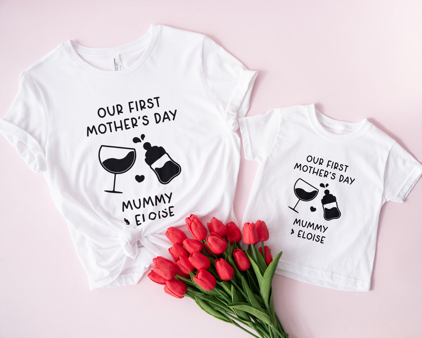 Mum & Baby Matching T-Shirt Set – First Mother’s Day Outfit – Wine Glass & Baby Bottle Design – Personalised Gift