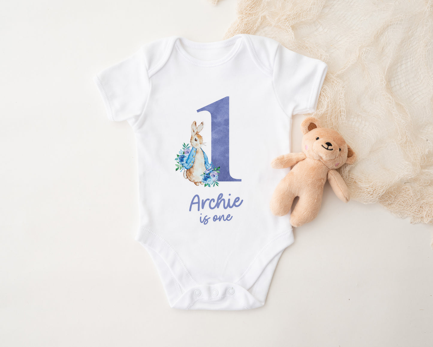 Personalised First Birthday Baby Vest / Bodysuit – Custom Name 1st Birthday Outfit with Rabbit Design