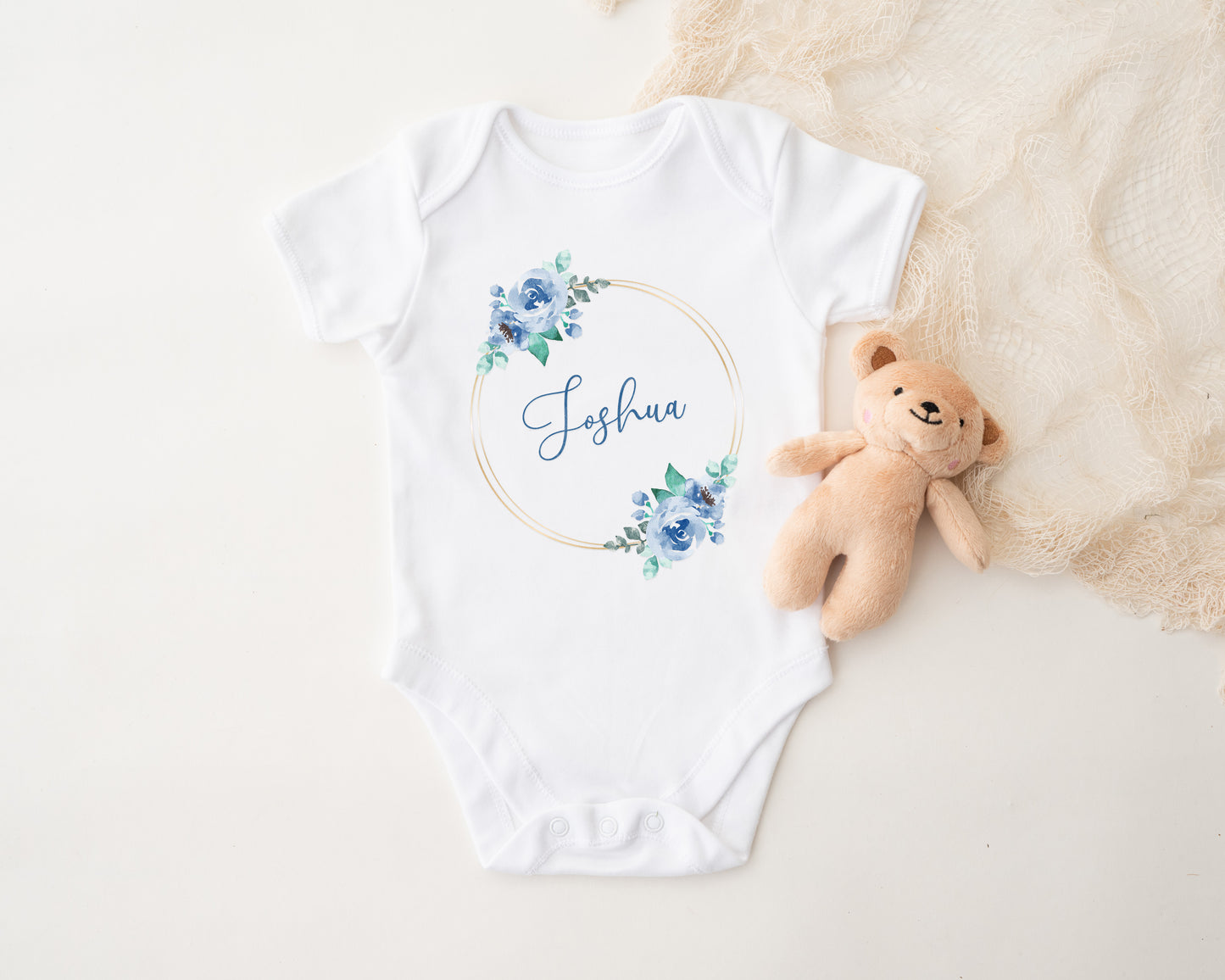 Personalised Baby Outfit – Pink or Blue Floral Rose Wreath Design – Babygrow, Sleepsuit, Vest or Bib – New Baby or Coming Home Gift