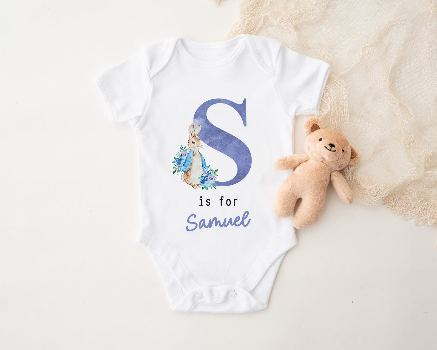 Personalised Baby Outfit with Rabbit & Initial – Pink or Blue Sleepsuit, Vest or Babygrow – New Baby Gift