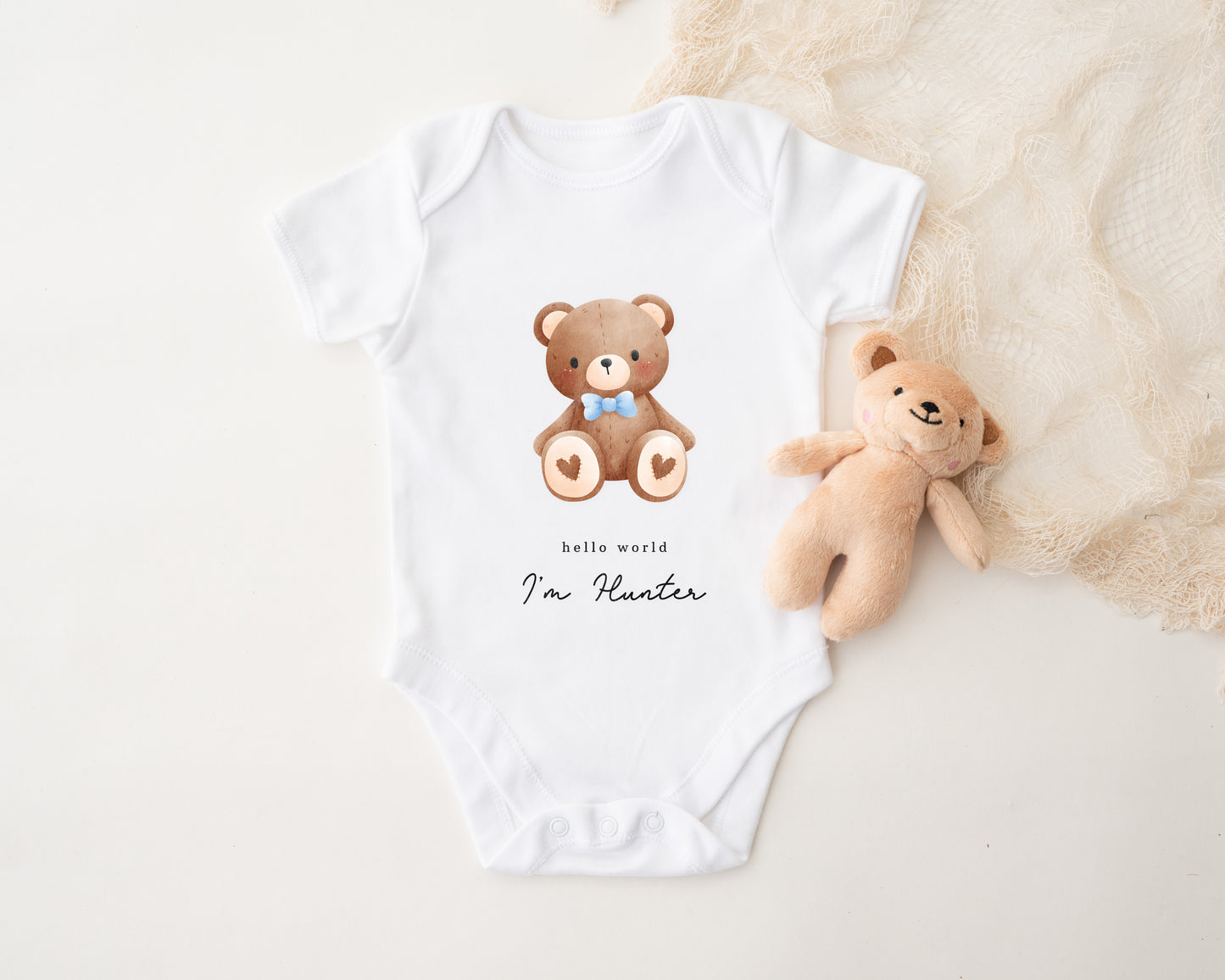 Personalised Pink or Blue Teddy Bear Baby Outfit – Babygrow, Vest or Bib | New Baby Gift & New Arrival Clothing