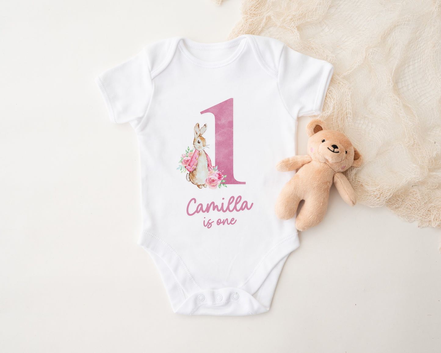 Personalised First Birthday Baby Vest / Bodysuit – Custom Name 1st Birthday Outfit with Rabbit Design