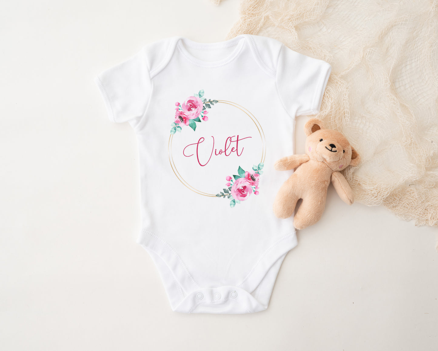 Personalised Baby Outfit – Pink or Blue Floral Rose Wreath Design – Babygrow, Sleepsuit, Vest or Bib – New Baby or Coming Home Gift