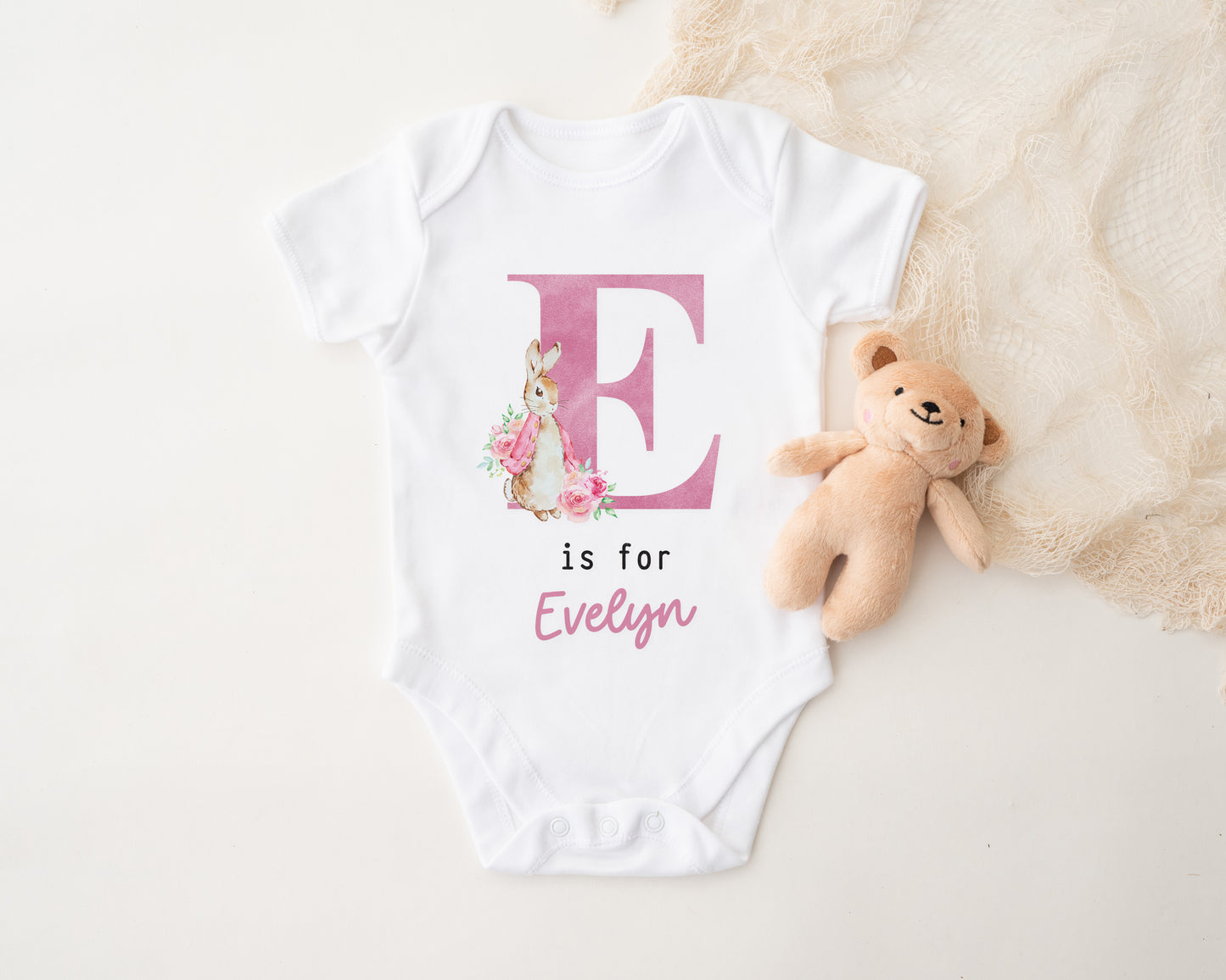 Personalised Baby Outfit with Rabbit & Initial – Pink or Blue Sleepsuit, Vest or Babygrow – New Baby Gift