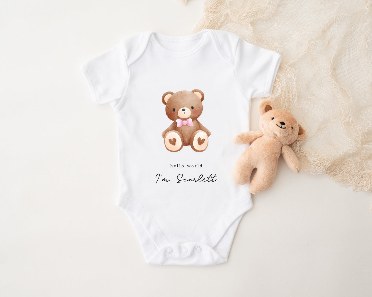 Personalised Pink or Blue Teddy Bear Baby Outfit – Babygrow, Vest or Bib | New Baby Gift & New Arrival Clothing