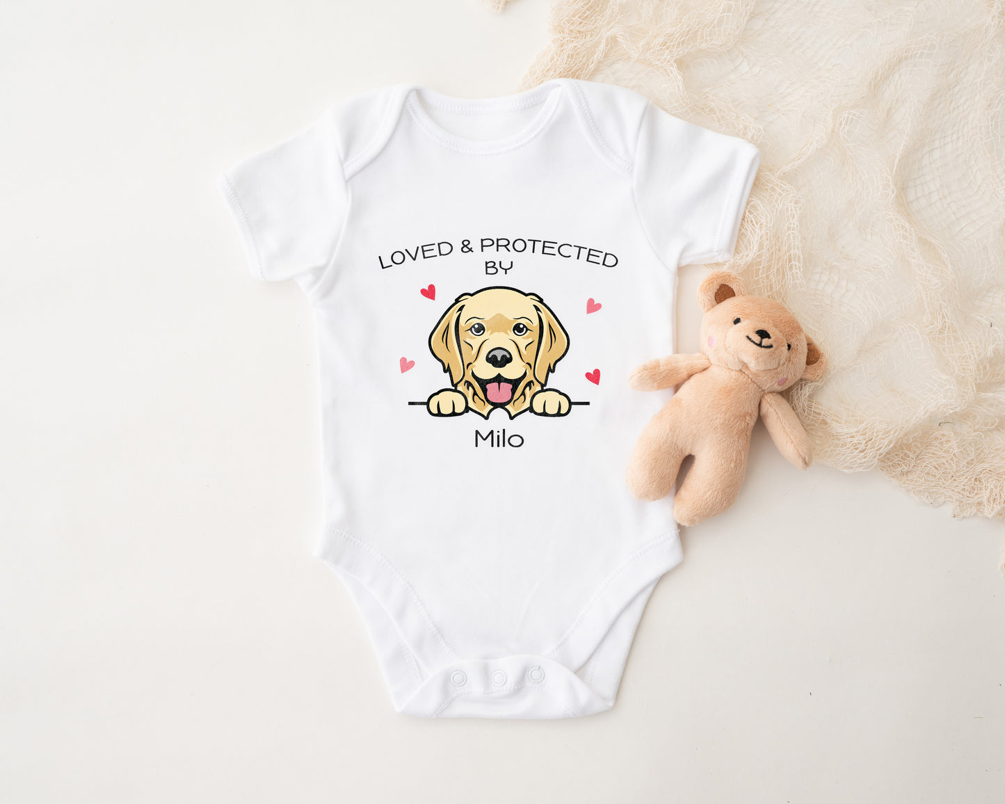 Personalised ‘Protected by Dog’ Baby Grow – Custom Dog Name & Breed