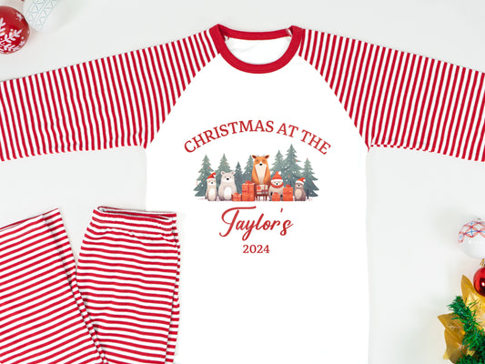 Personalised Matching Family Christmas Pyjamas – ‘Believe’ Candy Cane PJs for Mum, Dad, Kids & Baby – Cute Animal Design