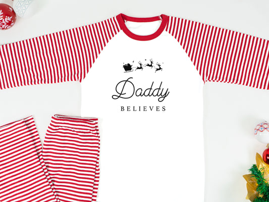 Personalised Matching Family Christmas Pyjamas – ‘Believe’ Candy Cane Reindeer PJs for Mum, Dad, Girls, Boys & Baby