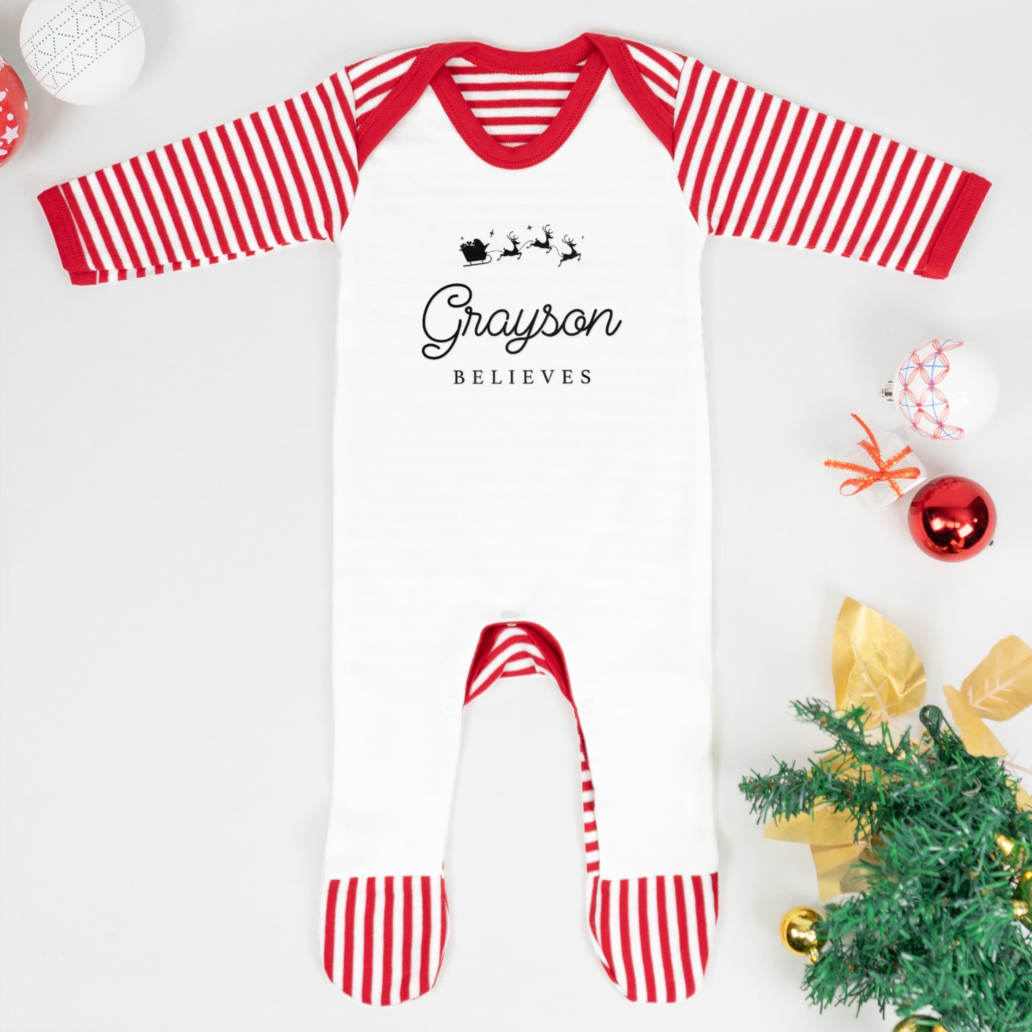 Personalised Matching Family Christmas Pyjamas – ‘Believe’ Candy Cane Reindeer PJs for Mum, Dad, Girls, Boys & Baby