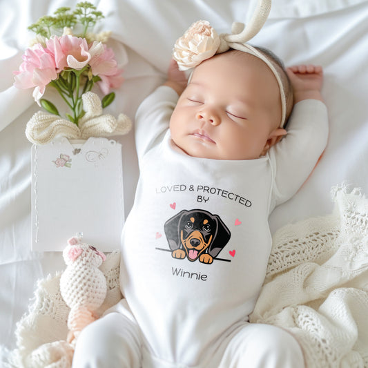 Personalised ‘Protected by Dog’ Baby Grow – Custom Dog Name & Breed
