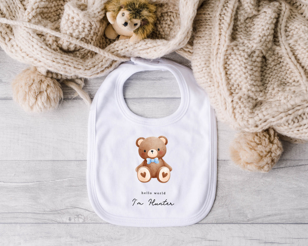 Personalised Pink or Blue Teddy Bear Baby Outfit – Babygrow, Vest or Bib | New Baby Gift & New Arrival Clothing