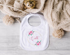 Personalised Baby Outfit – Pink or Blue Floral Rose Wreath Design – Babygrow, Sleepsuit, Vest or Bib – New Baby or Coming Home Gift