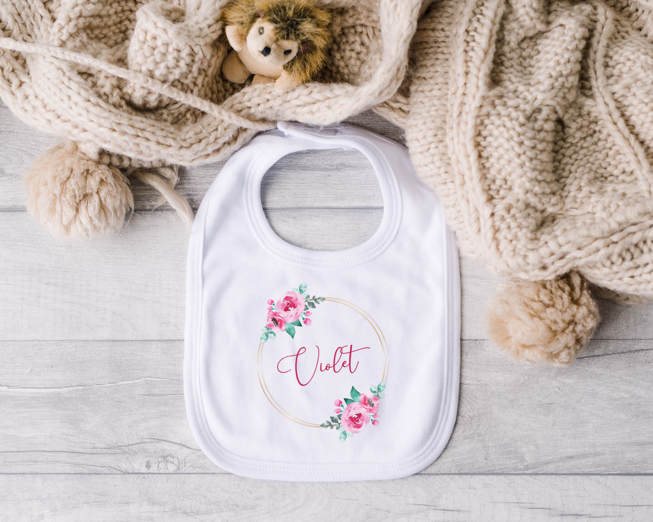 Personalised Baby Outfit – Pink or Blue Floral Rose Wreath Design – Babygrow, Sleepsuit, Vest or Bib – New Baby or Coming Home Gift