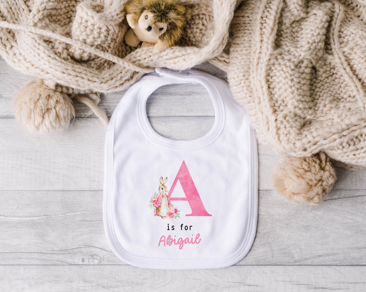 Personalised Baby Outfit with Rabbit & Initial – Pink or Blue Sleepsuit, Vest or Babygrow – New Baby Gift