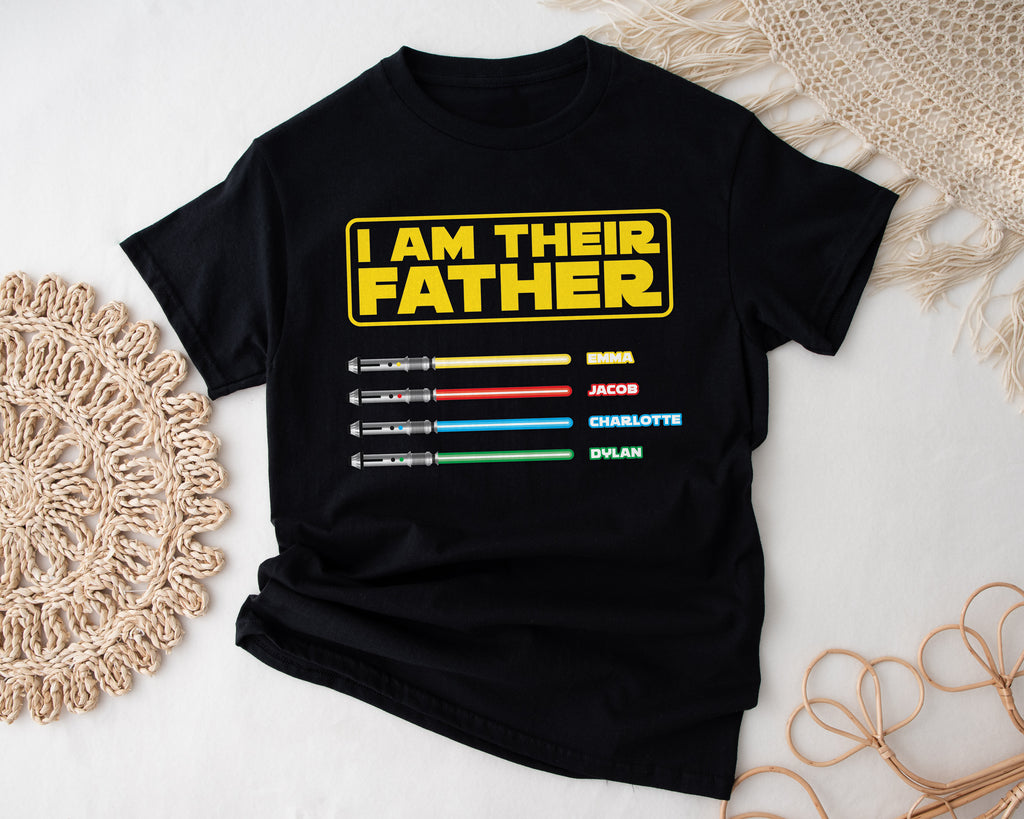 I Am Their Father Shirt – Personalised Star Wars Dad T-Shirt with Kids’ Names & Lightsabers