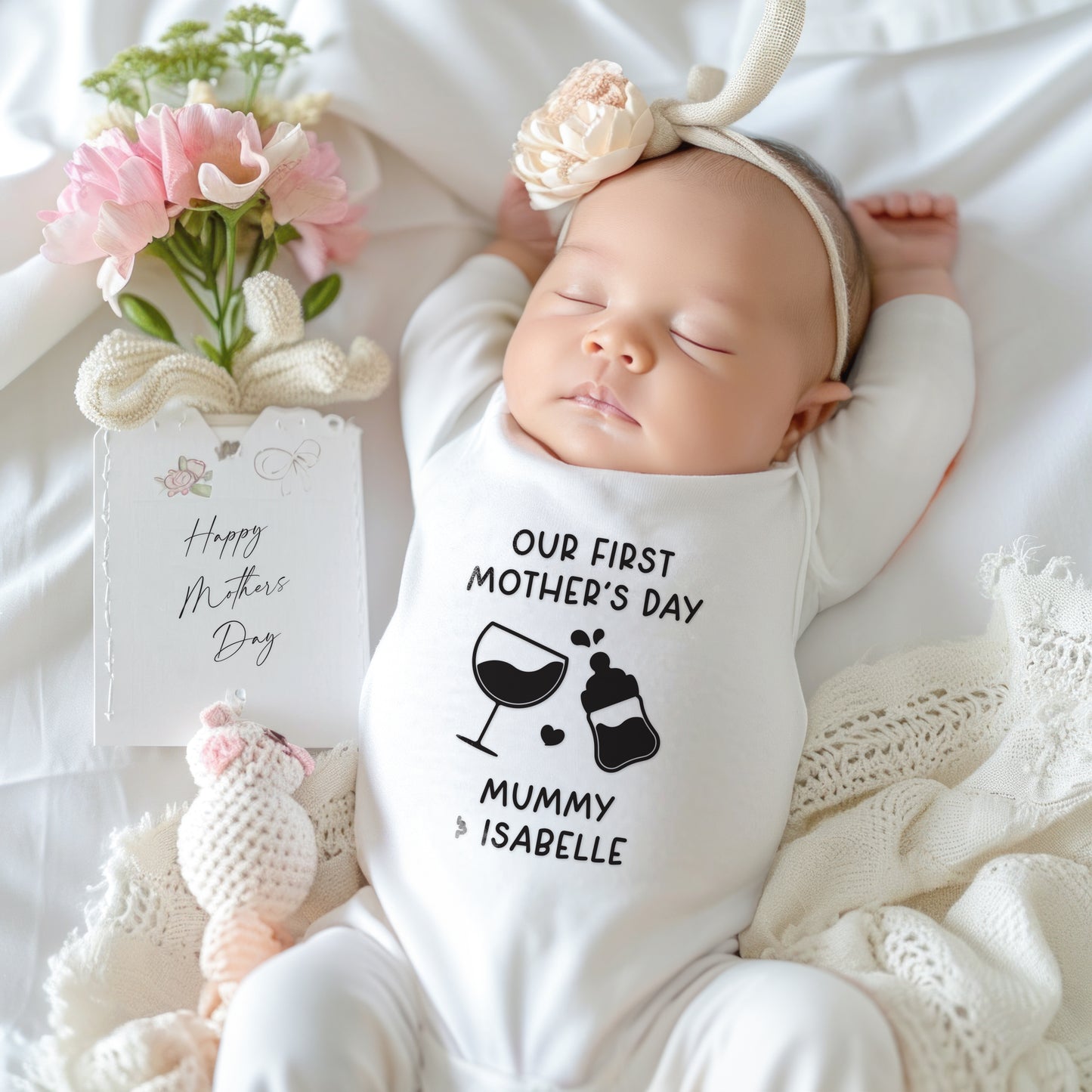 Custom Mum T-Shirt & Baby Vest, Sleepsuit or Bib – Personalised First Mother’s Day Gift Set – Matching Mummy & Baby Outfit
