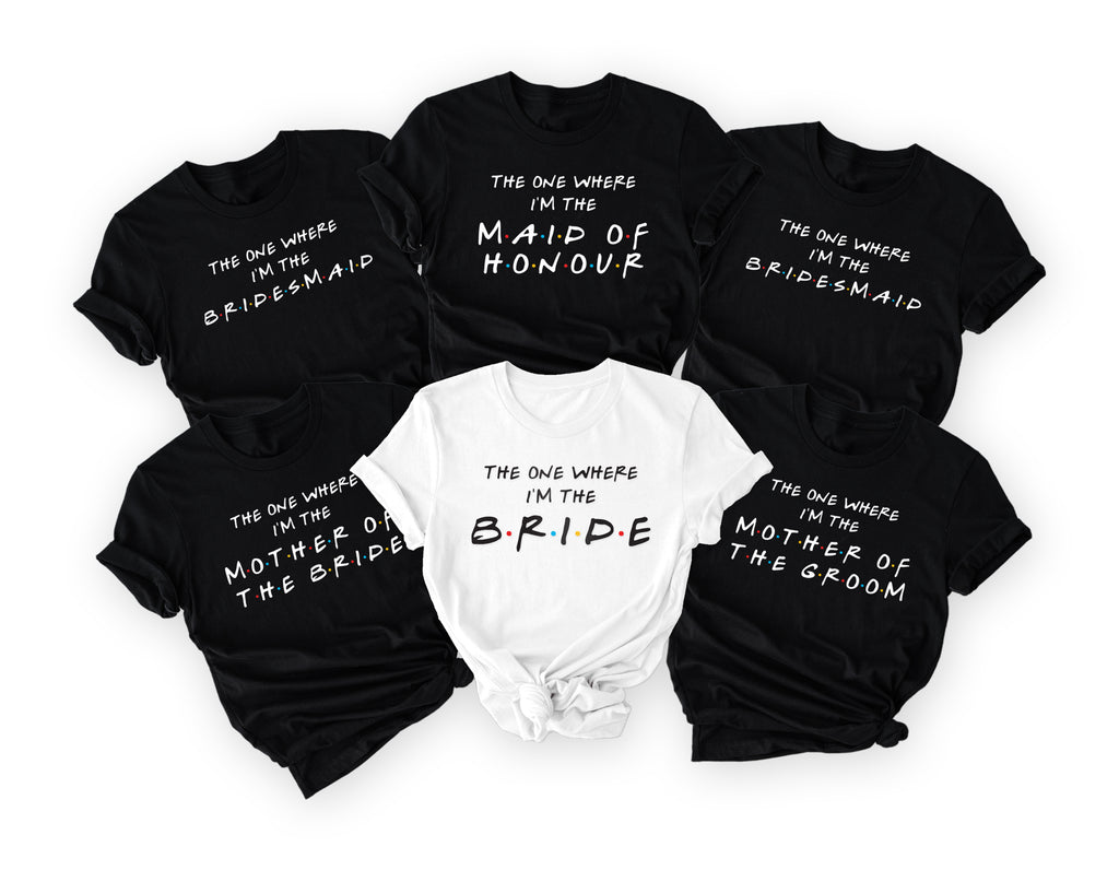 Personalised Friends Hen Party T-Shirts – "The One Where" Bride & Team Bride Tops (Style 2)