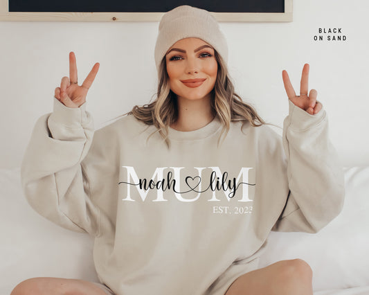 Mum Monogram Sweatshirt with  Kids Name On Sleeve and Chest