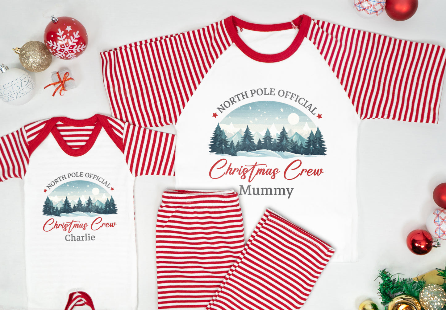 Personalised ‘North Pole Christmas Crew’ Family Pyjamas – Matching Candy Cane Stripe PJs for Mum, Dad, Kids & Baby