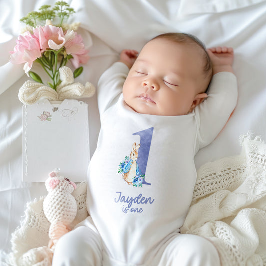 Personalised First Birthday Baby Vest / Bodysuit – Custom Name 1st Birthday Outfit with Rabbit Design