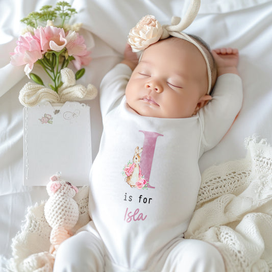 Personalised Baby Outfit with Rabbit & Initial – Pink or Blue Sleepsuit, Vest or Babygrow – New Baby Gift