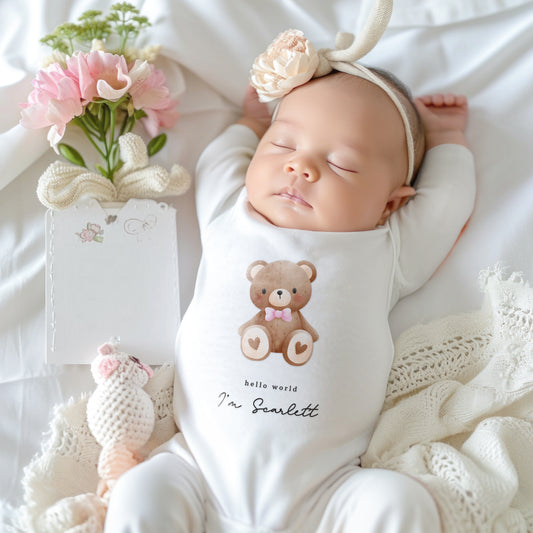 Personalised Pink or Blue Teddy Bear Baby Outfit – Babygrow, Vest or Bib | New Baby Gift & New Arrival Clothing