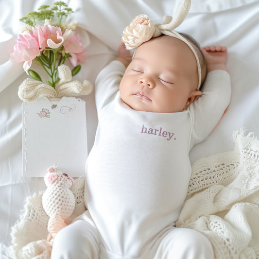 Personalised Baby Sleepsuit, Vest or Bib – Custom Printed Name Gift