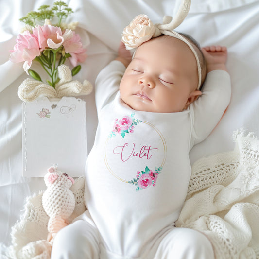 Personalised Baby Outfit – Pink or Blue Floral Rose Wreath Design – Babygrow, Sleepsuit, Vest or Bib – New Baby or Coming Home Gift