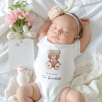 Personalised Pink or Blue Teddy Bear Baby Outfit – Babygrow, Vest or Bib | New Baby Gift & New Arrival Clothing