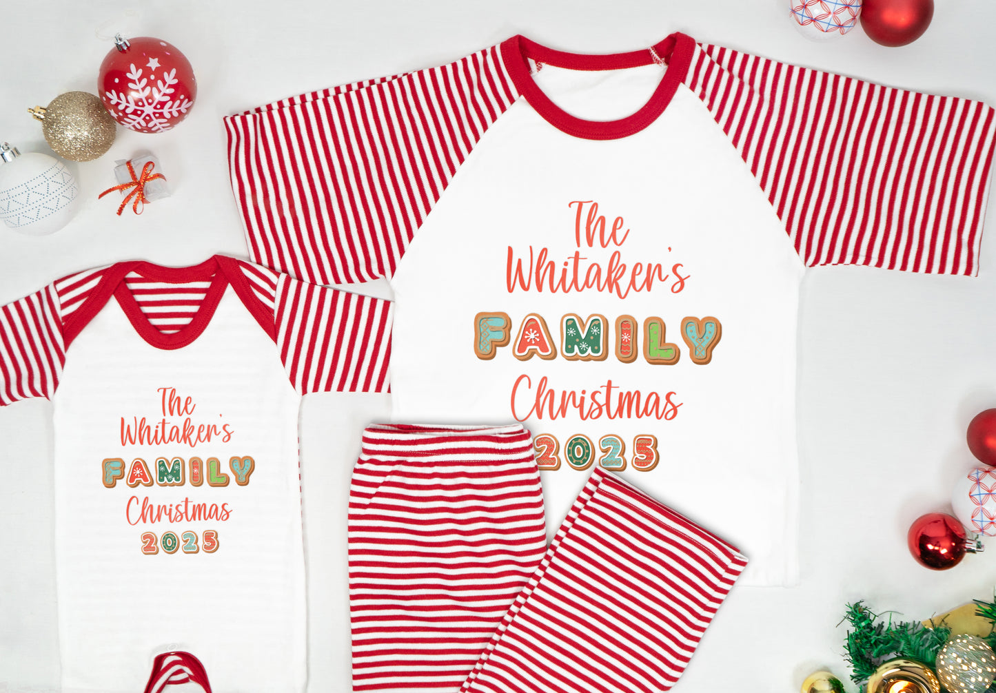 Personalised Matching Family Christmas Pyjamas – ‘Believe’ Candy Cane Design – PJs for Mum, Dad, Girls, Boys & Baby