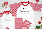 Personalised Matching Family Christmas Pyjamas – ‘Believe’ Candy Cane Reindeer PJs for Mum, Dad, Girls, Boys & Baby