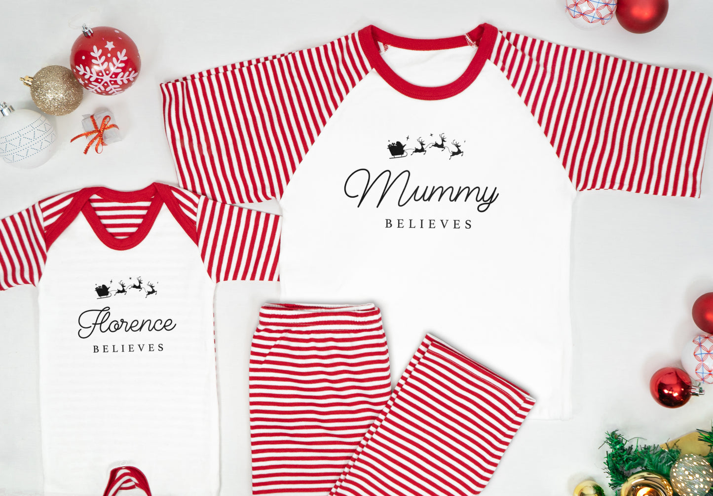 Personalised Matching Family Christmas Pyjamas – ‘Believe’ Candy Cane Reindeer PJs for Mum, Dad, Girls, Boys & Baby