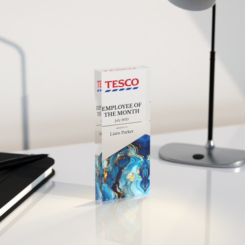 Personalised Corporate Trophy – Custom Engraved Clear Acrylic Award with Marble Base