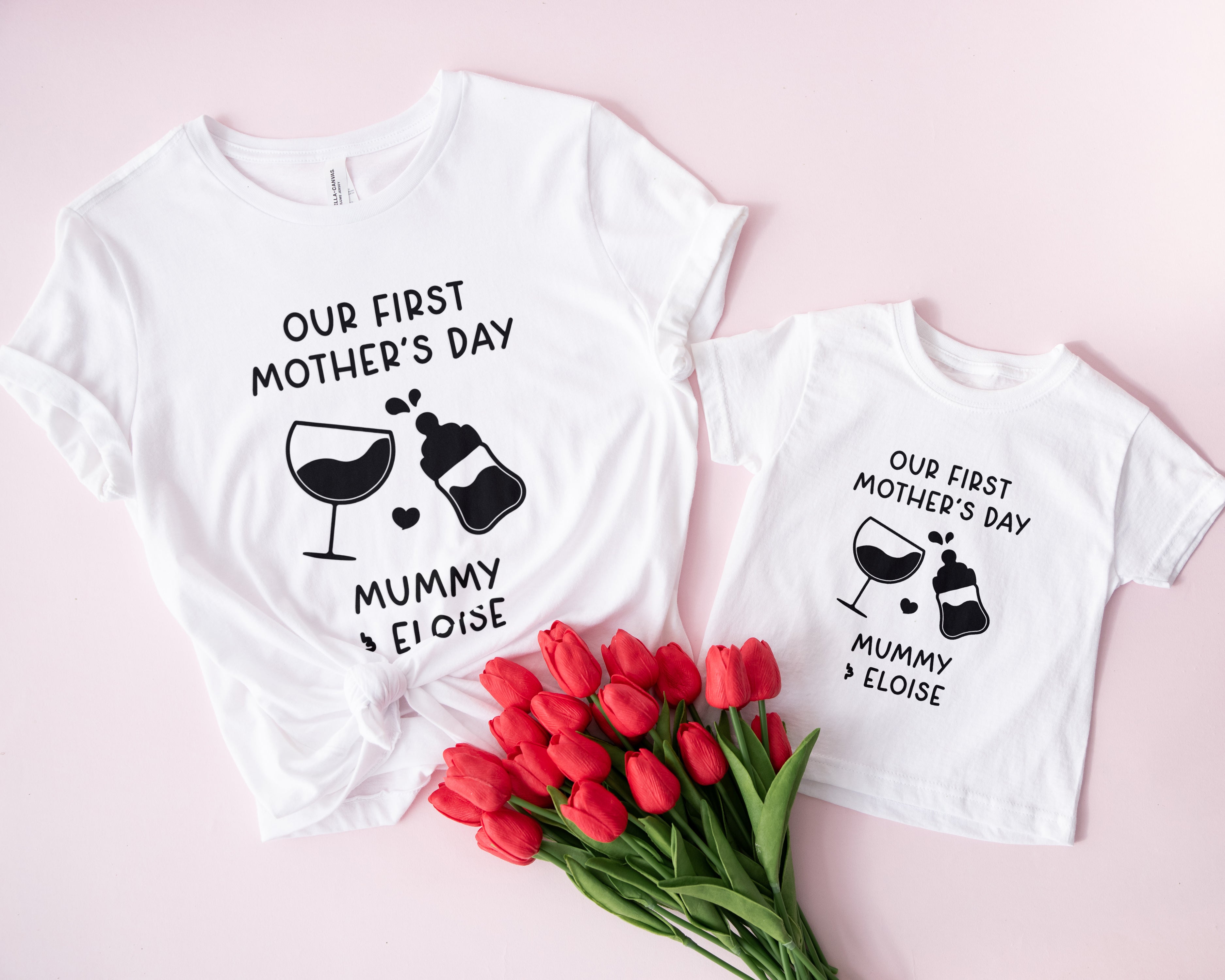 Mum & Baby Matching T-Shirt Set – First Mother’s Day Outfit – Wine Glass & Baby Bottle Design – Personalised Gift