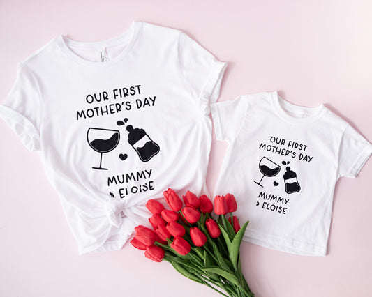 Mum & Baby Matching T-Shirt Set – First Mother’s Day Outfit – Wine Glass & Baby Bottle Design – Personalised Gift