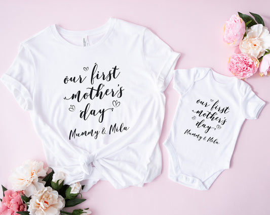 Our First Mother’s Day Matching Set – Personalised Mum T-Shirt & Baby Vest, Sleepsuit or Bib – Custom Gift for Mummy & Baby