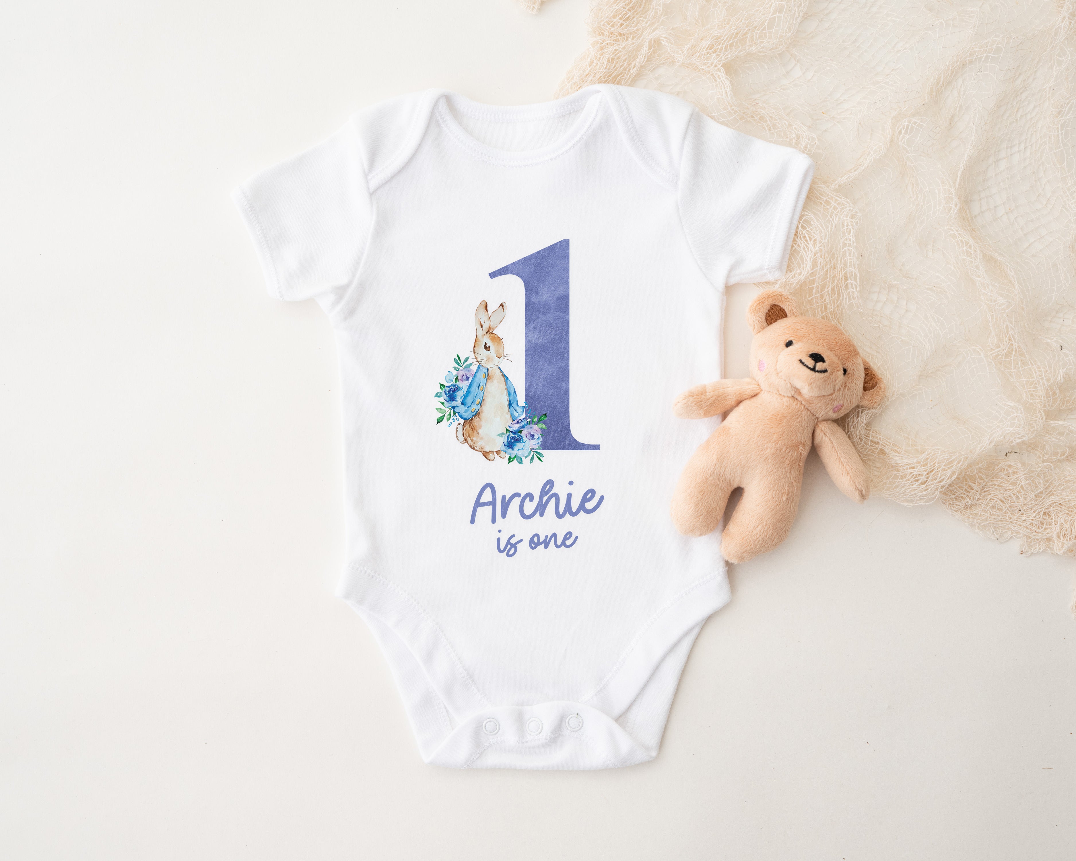 Personalised First Birthday Baby Vest / Bodysuit – Custom Name 1st Birthday Outfit with Rabbit Design