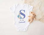 Personalised Baby Outfit with Rabbit & Initial – Pink or Blue Sleepsuit, Vest or Babygrow – New Baby Gift