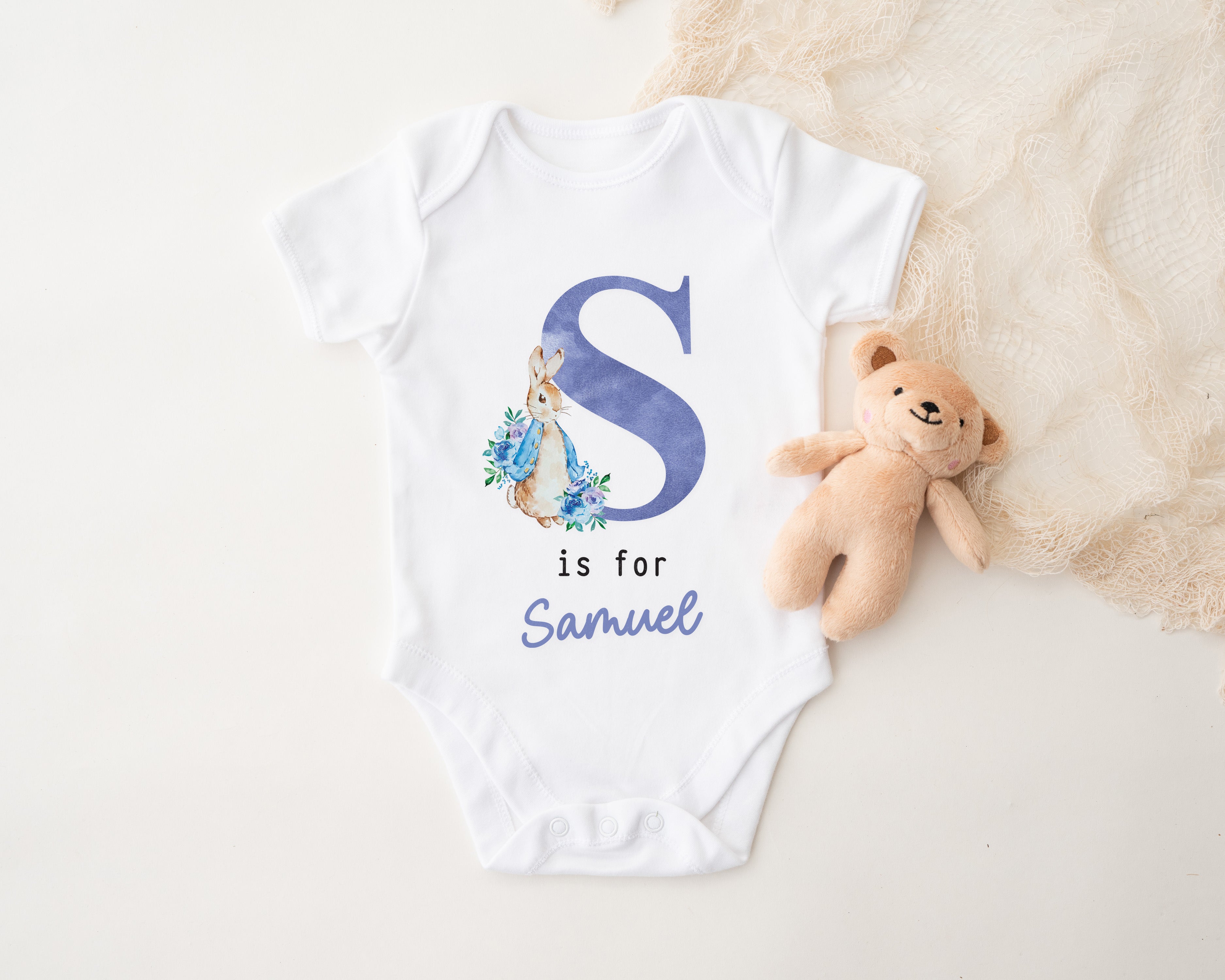 Personalised Baby Outfit with Rabbit & Initial – Pink or Blue Sleepsuit, Vest or Babygrow – New Baby Gift
