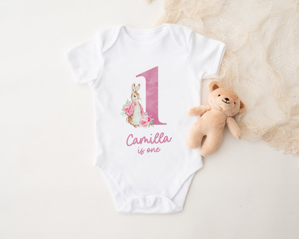 Personalised First Birthday Baby Vest / Bodysuit – Custom Name 1st Birthday Outfit with Rabbit Design